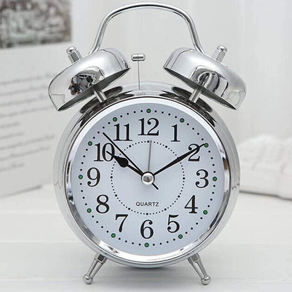 Silver Twin Bell Alarm Clock - Alarm Clock Brass Vintage Twin Bell Table Top Alarm Clock with Night Led Light Display Alarm Clock for Bedroom Heavy Sleepers Students (Silver)